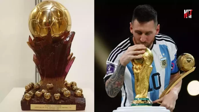 Lionel Messi con la Copa del Mundo y el Trofeo de Super Balón de Oro